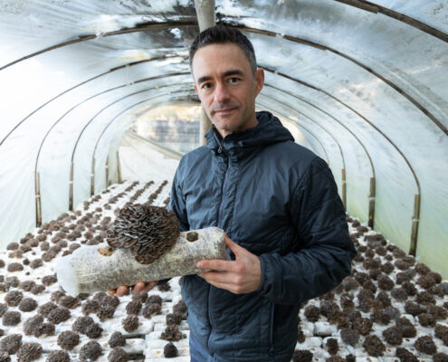 A man holding a hedgehog in a greenhouse.