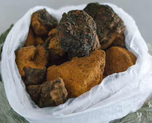 A basket filled with large organic black truffles, viewed up close. The truffles have a rough, uneven texture and are nestled in a white liner.